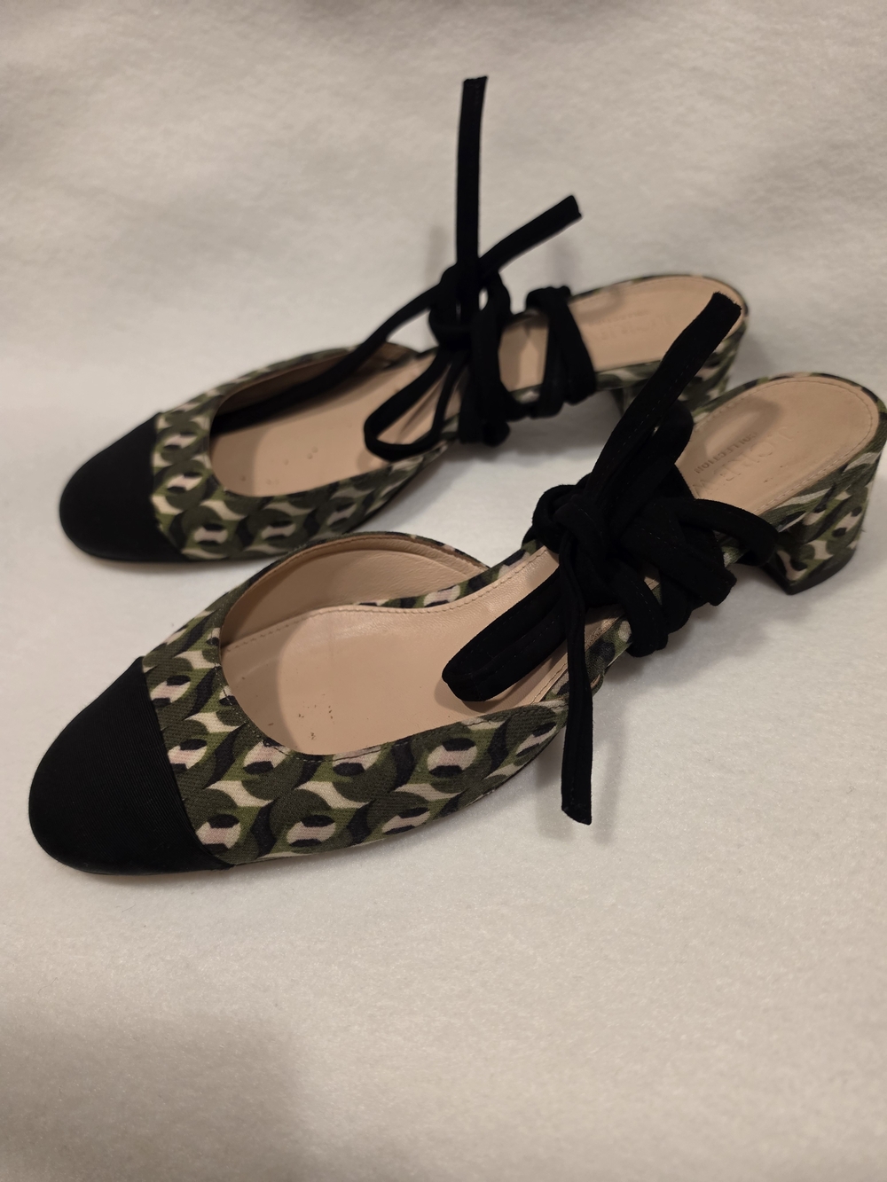 J. Crew Olive Green Patterned Lace-Up Flats with Black Cap Toe